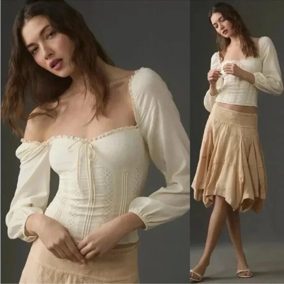 Reformation Isadora Top Blouse Eyelet Lace Trim Smocked Back Ivory Size 6 $148 - Picture 1 of 16